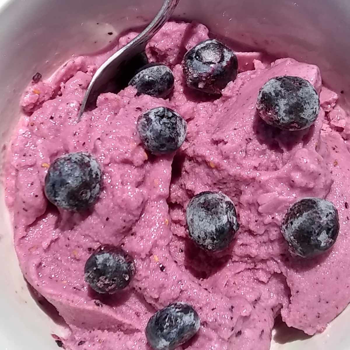 Bowl of mixed berry ice cream with blueberries sprinkled over it.