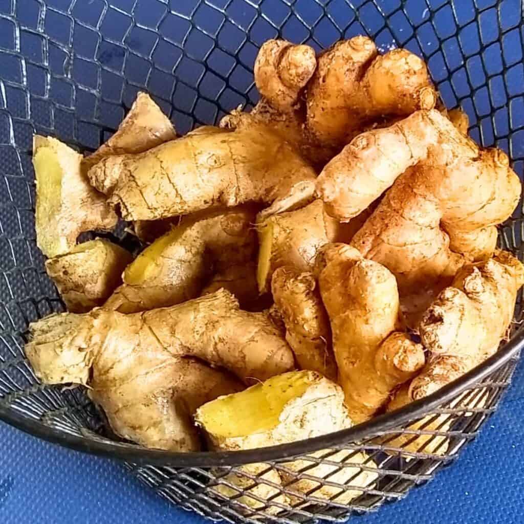 ginger root in a wire basket