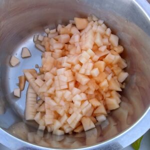 A bowl with chopped cantaloupe