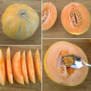 cantaloupe in 4 pictures. One shows the whole melon, one shows it cut in half, one shows scooping out the seeds and one shows the slices.