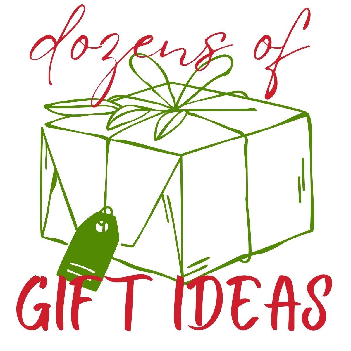 Wording: Dozens of gift ideas and a wrapped gift in the center.