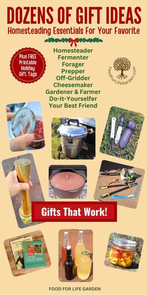 Dozens of gift ideas. Practical things for your favorite homesteader, fermenter, forager, off-gridder, cheese maker, gardener, farmer, do-it-yourselfer and your best friend. Gifts that work! Get Free Wall art. There is a collection of pictures that show fermentation tools, such as a pickle packer, a glass fermentation weight, fermented beverage bottles, hinged top fermenting jars, wood cutting tools, tree pruning books, a dutch oven, a pressure canner. Banner and logo for foodforlifegarden.com