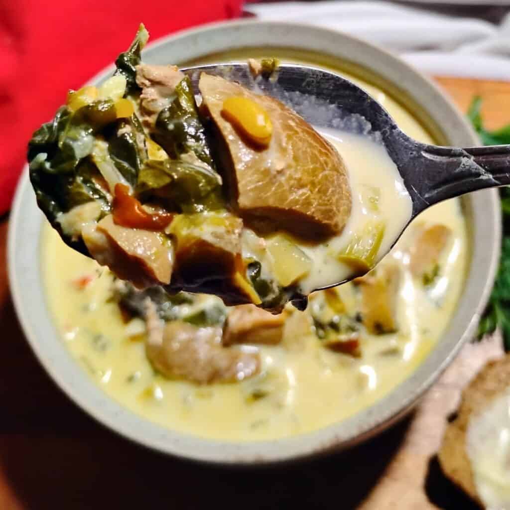 Mushroon stew in a bowl below and a spoon filled with a portion above it. 