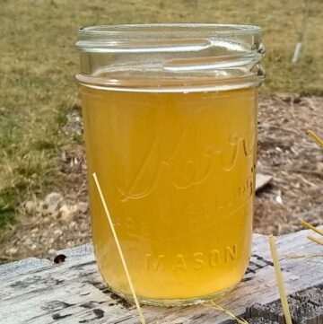 a glass full of homemade switchel on a pallet in the garden