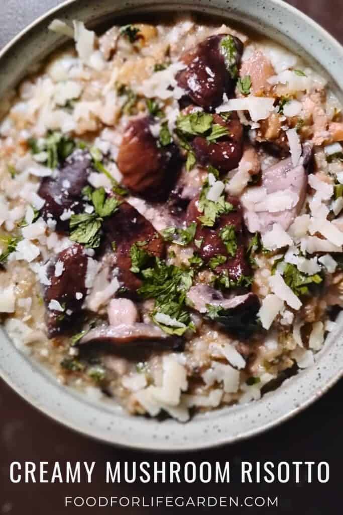 bowl of mushroom risotto with text overlay that reads creamy mushroom risotto, foodforlifegarden.com.