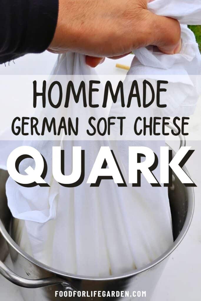 quark in a bag to be drained, lifted by a hand. text overlay reads homemade german soft cheese quark, foodforlifegarden.com.