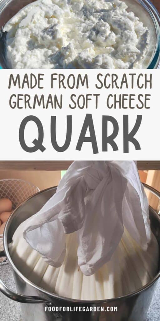 photo of a bowl with quark cheese at the top and a photo with a bag of cheese curds hanging from a hook and draining into a pot. text overlay reads made from scratch german soft cheese. Quark.