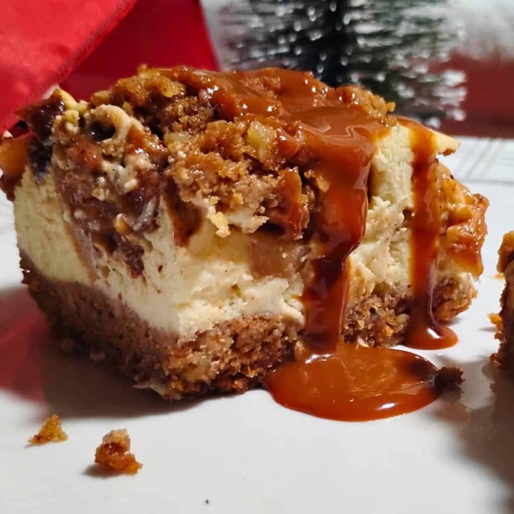 apple pie cheesecake with fresh-milled flour and cajeta topping.