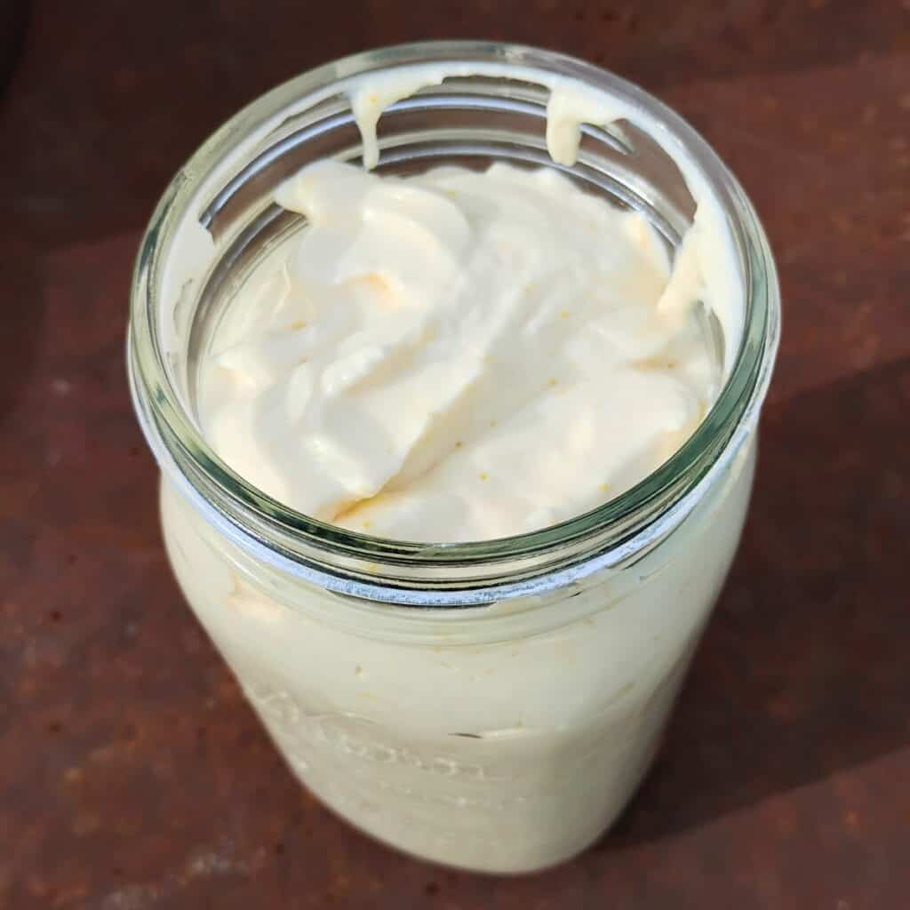 finished quark cheese creamy dessert in a quart canning jar.