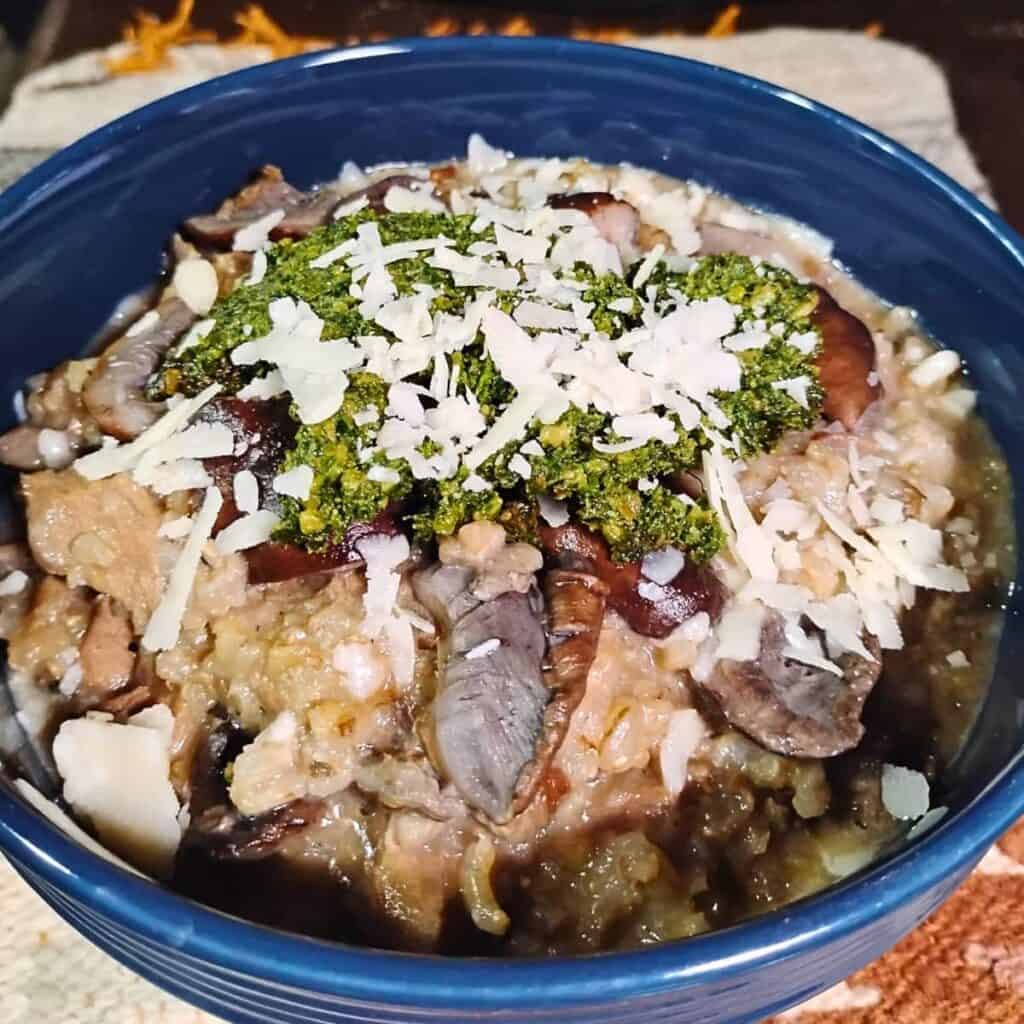 bowl full of mushroom risotto topped with wild greens pesto and grated cheees.