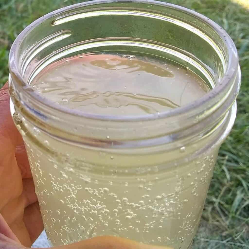 glass in someone's hand containing sparkling lemonade.