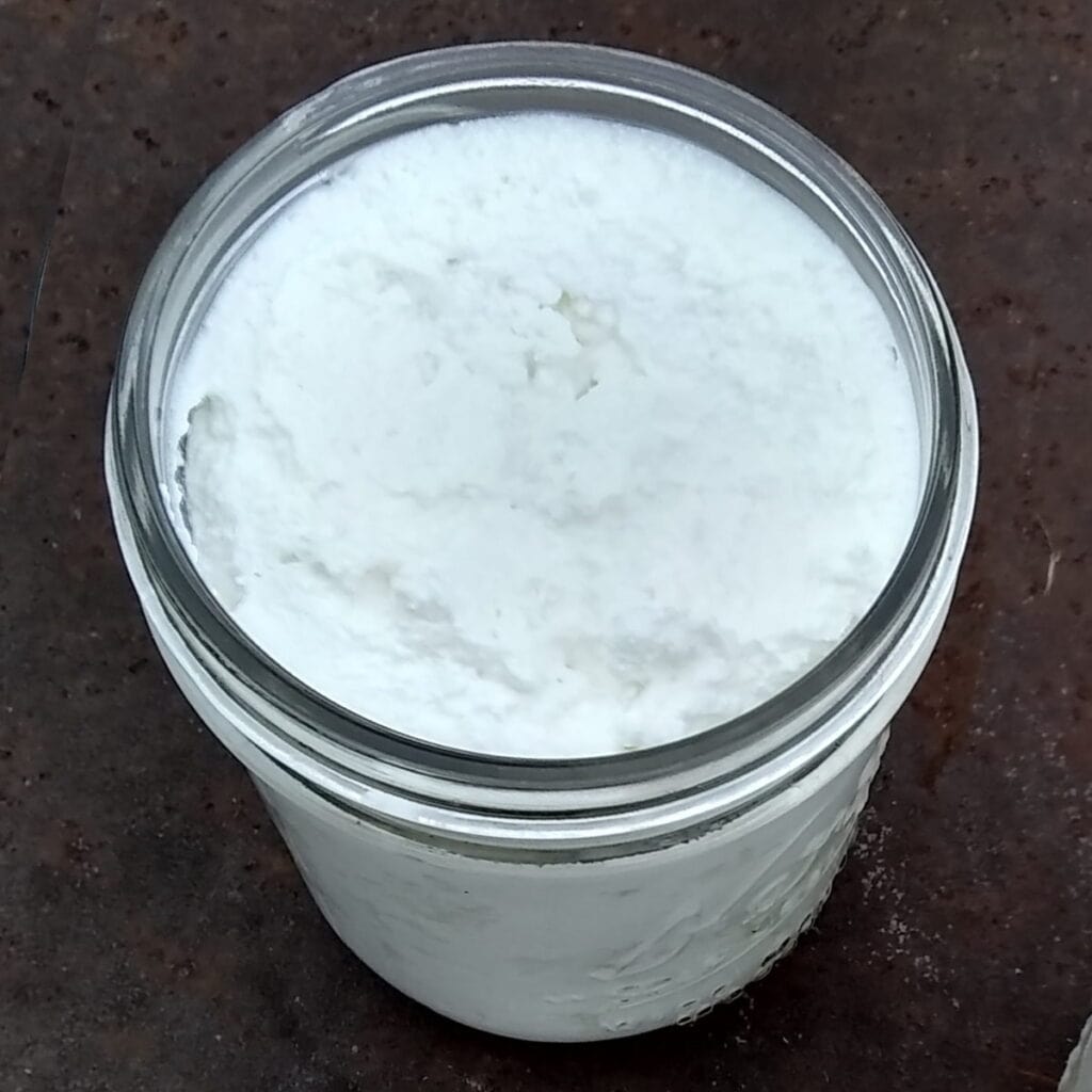 pint canning jar full of salted quark cheese curds for long term storage.
