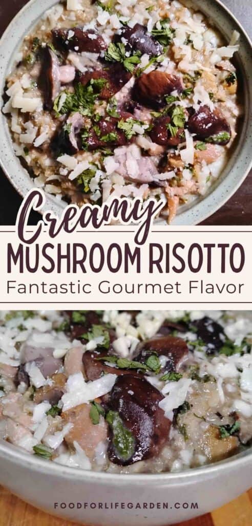 two photos of mushroom risotto in a bowl. text overlay reads creamy mushroom risotto. Fantastic gourmet flavor. foodforlifegarden.com.