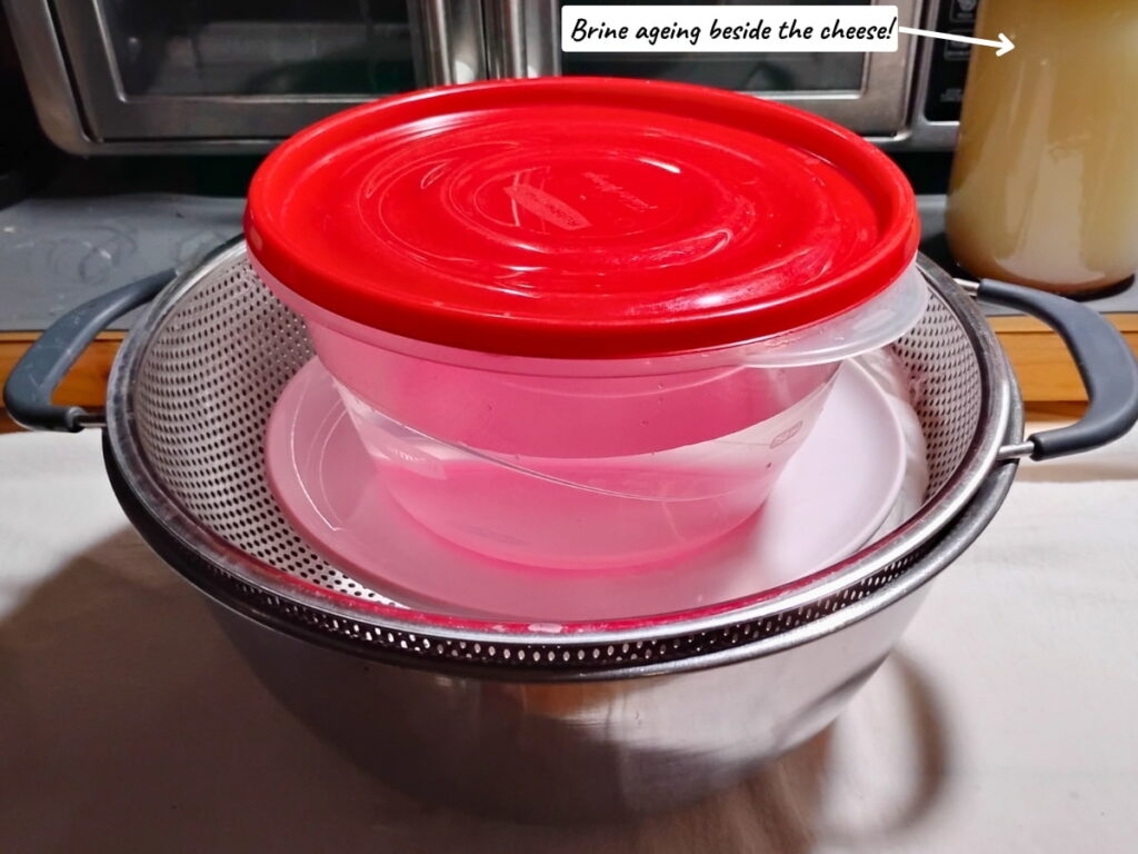A make-shift cheese press consisting of a bowl with a colander in it, a chunk of cheese inside a cheese cloth with a plate on it, getting pressed with a bowl full of water.