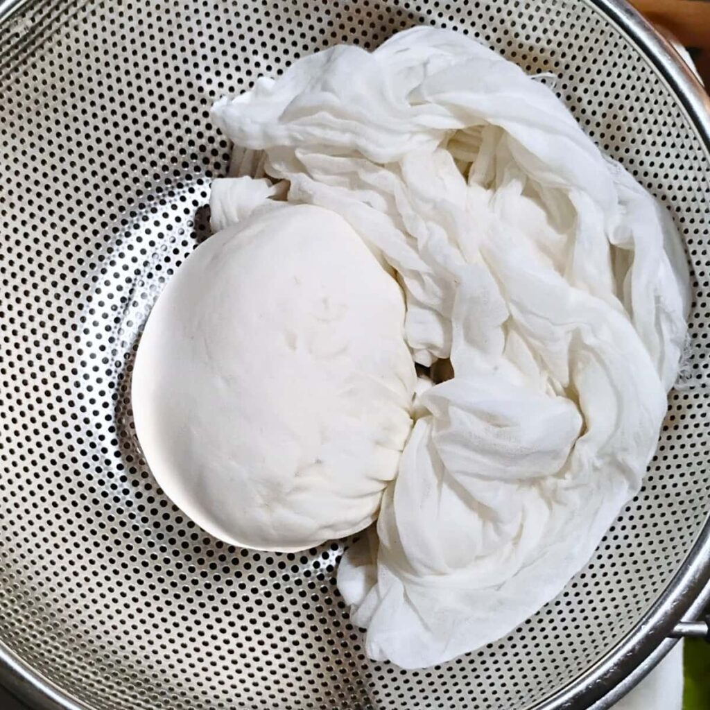 a cheesecloth with a ball of cheese curds tied up in it. It's laying in a colander, ready for pressing.
