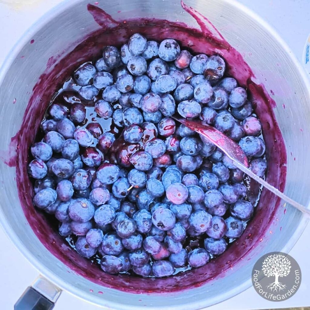fresh blueberries getting added to blueberry sauce in a pot, with a spoon in it.