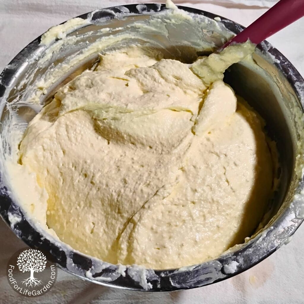 The finished cheese cake filling in a bowl, ready to fill a shortbread crust.