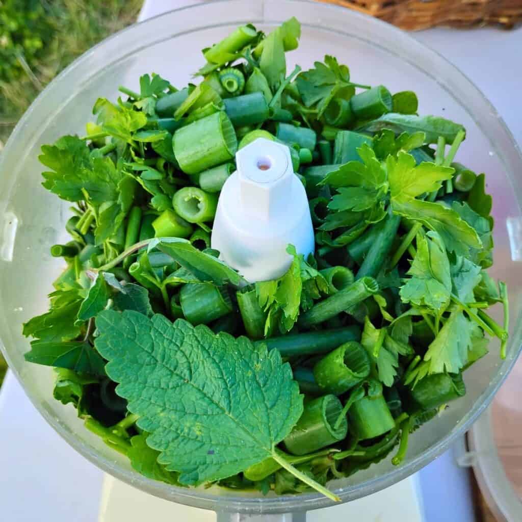 food processor bowl full of herbs, onion stalks and garlic scapes