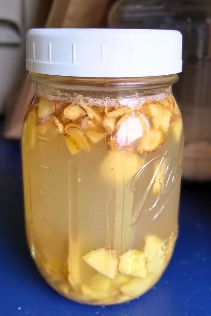 ginger bug in a mason jar with a plastic lid.