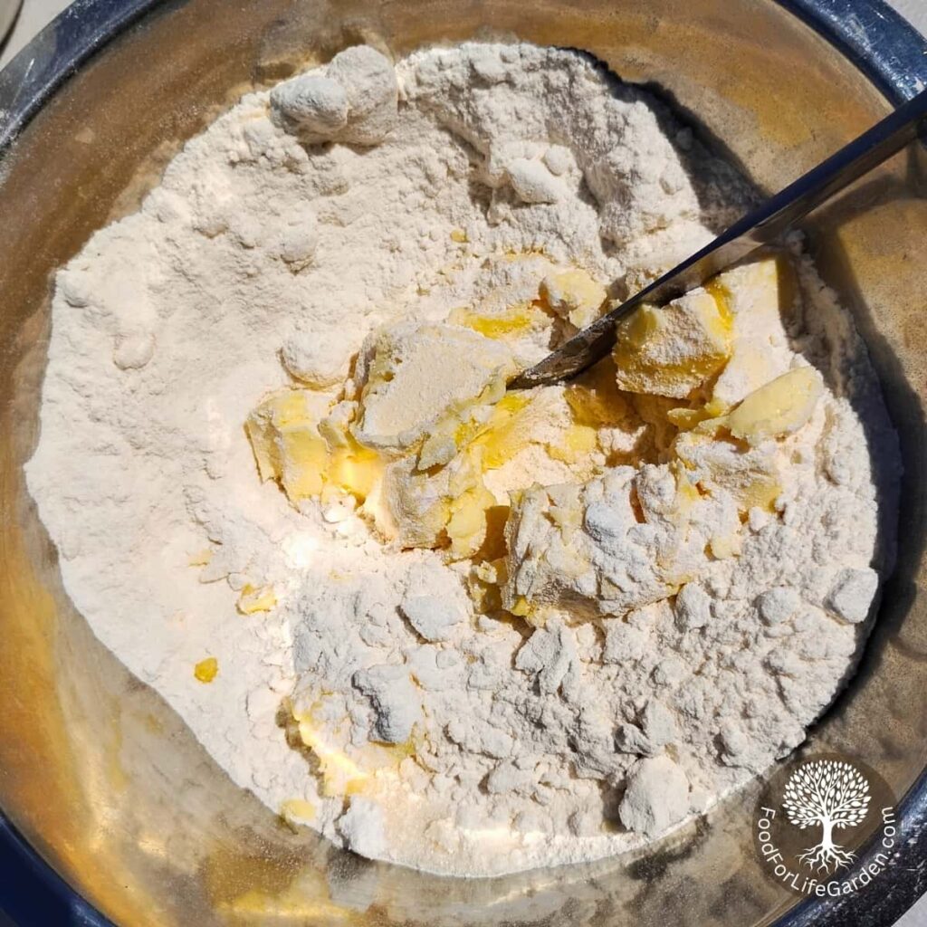 butter is added to flour and sugar and it is getting cut into the mix.