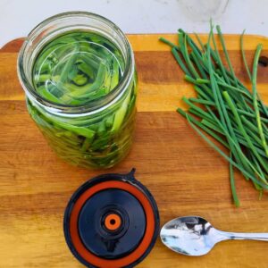 jar full of garlic scapes and brine with a fermentation weight. A fermentation lid is laying next to it.