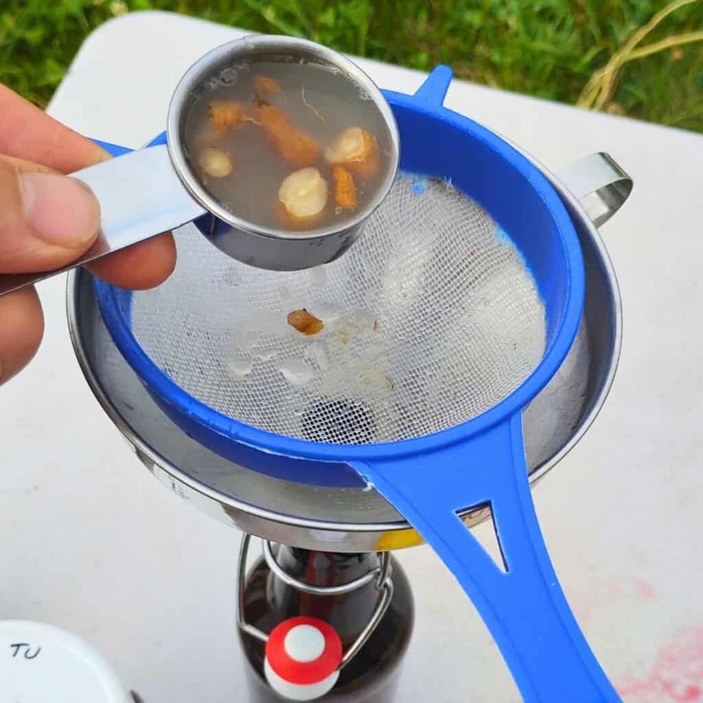 Pouring some dandelion bug starter culture into the bottle through a sieve and funnel.