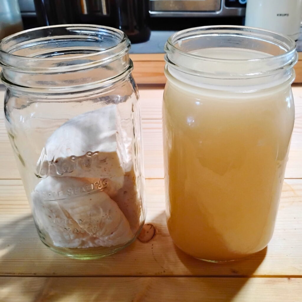 One quart jar full of salted whey, and another next to it with chunks of dried, salted sirene cheese.