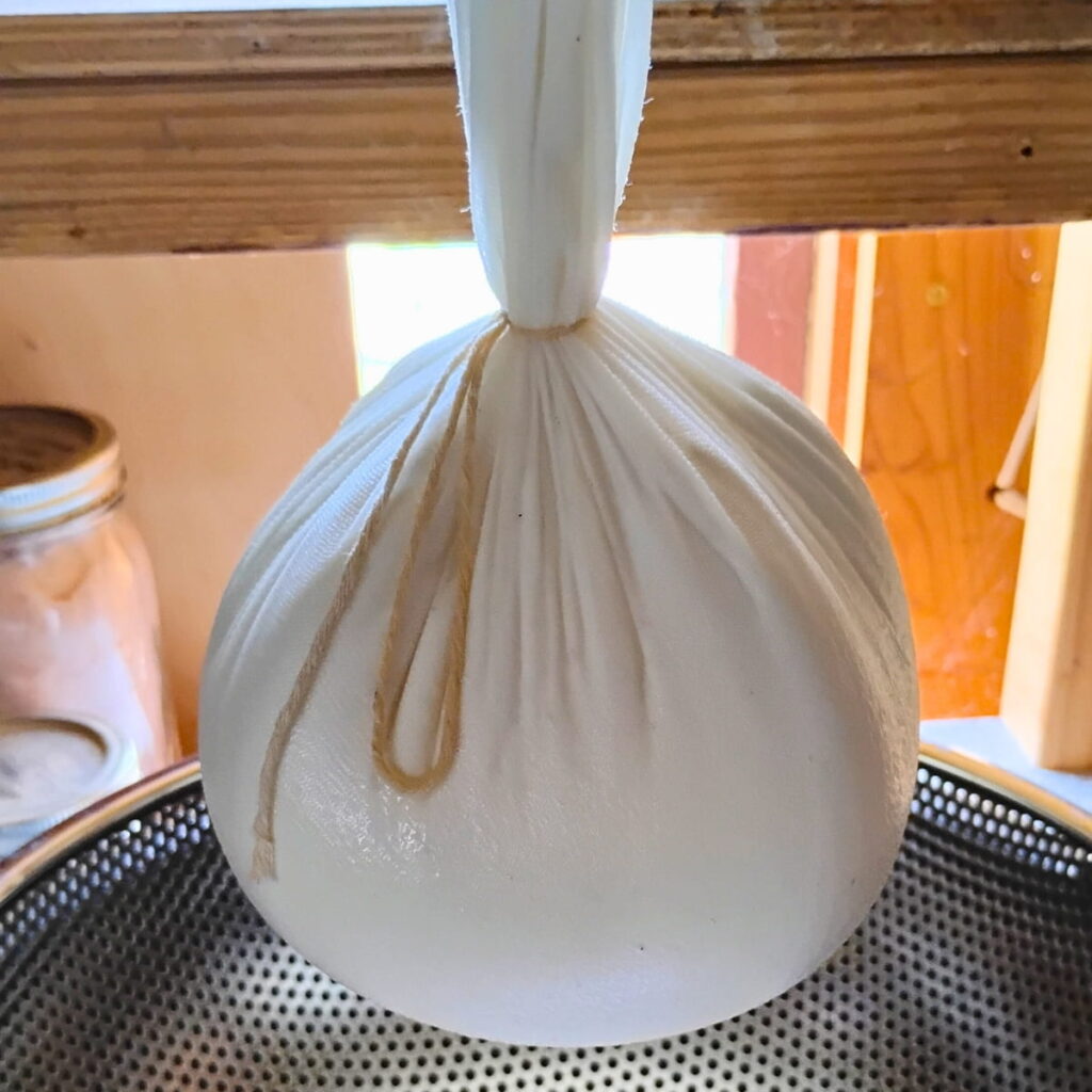 cheese curds inside the cheese bag are tied into a ball.