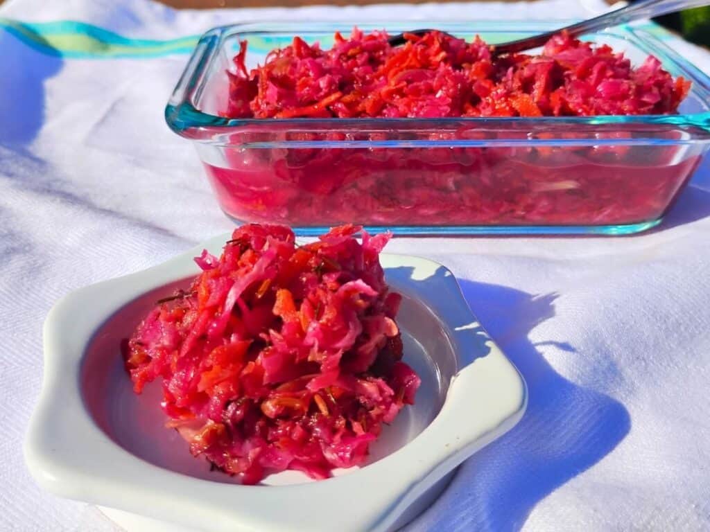 a small plate with a portion of fermented coleslaw in the foreground. behind it is a dish filled with more fermented gardenslaw and a fork in it.
