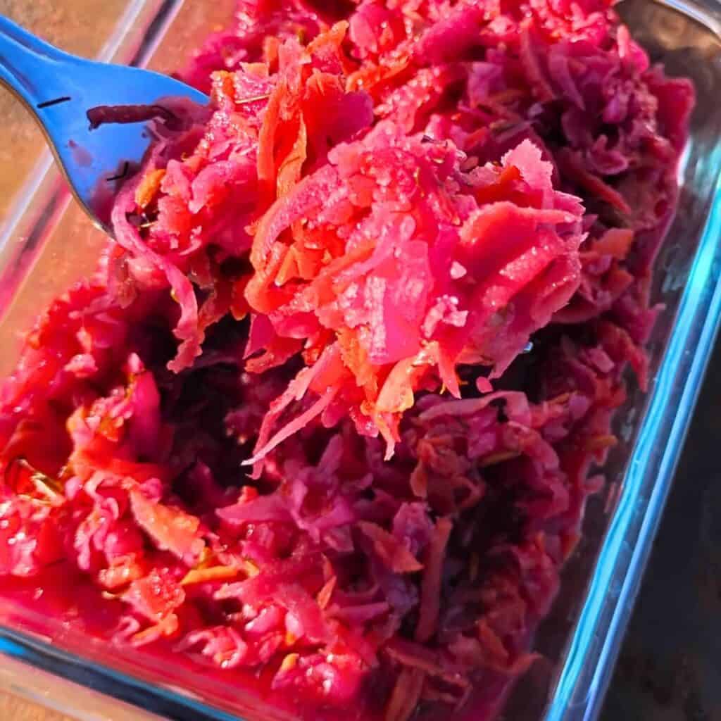 fermented garden-slaw in a dish with a fork removing some.