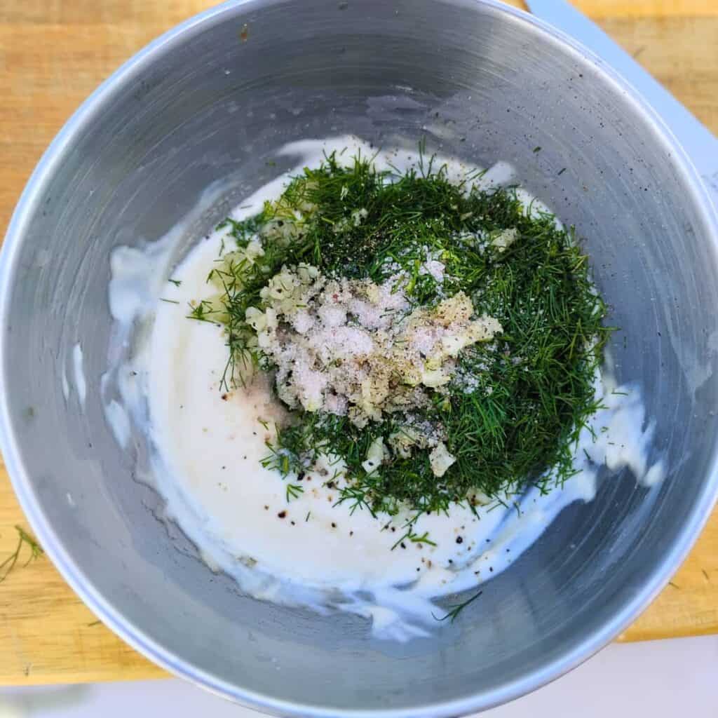 All the sauce ingredients are in the bowl, ready to get whisked together.