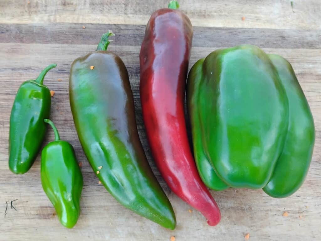 peppers on a cutting board ready for chopping. One bell pepper, a couple of frying peppers and two jalapenos.