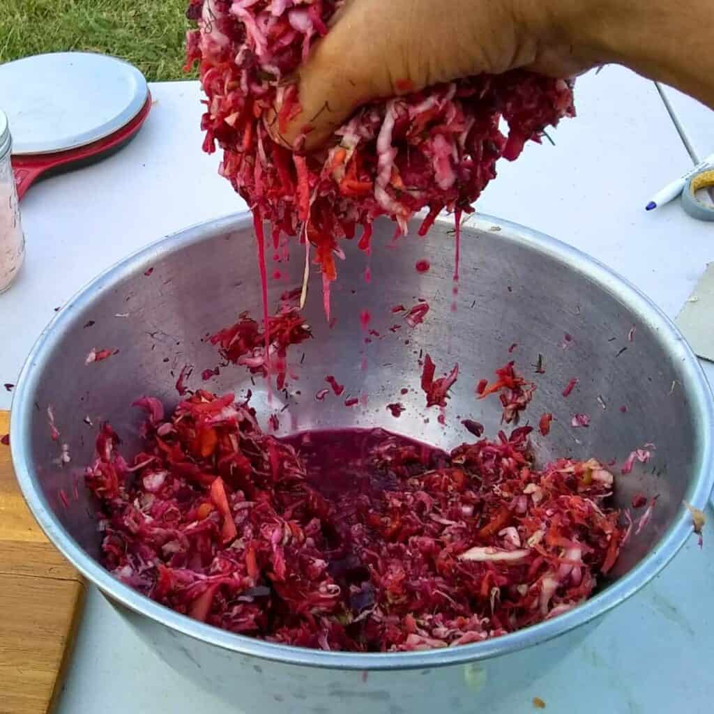 a hand is removing a pile of ingredients to make fermented coleslaw with root vegetables from a bowl filled with more ingredients and natural juices.