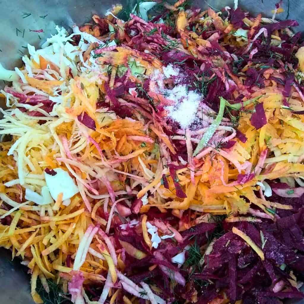 Ingredients for coleslaw with salt added on top.