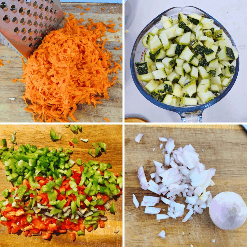 Prep pictures for zucchini ikra ingredients. Carrots are grated, zucchini chopped, peppers are chopped below and chopped onion next to it.
