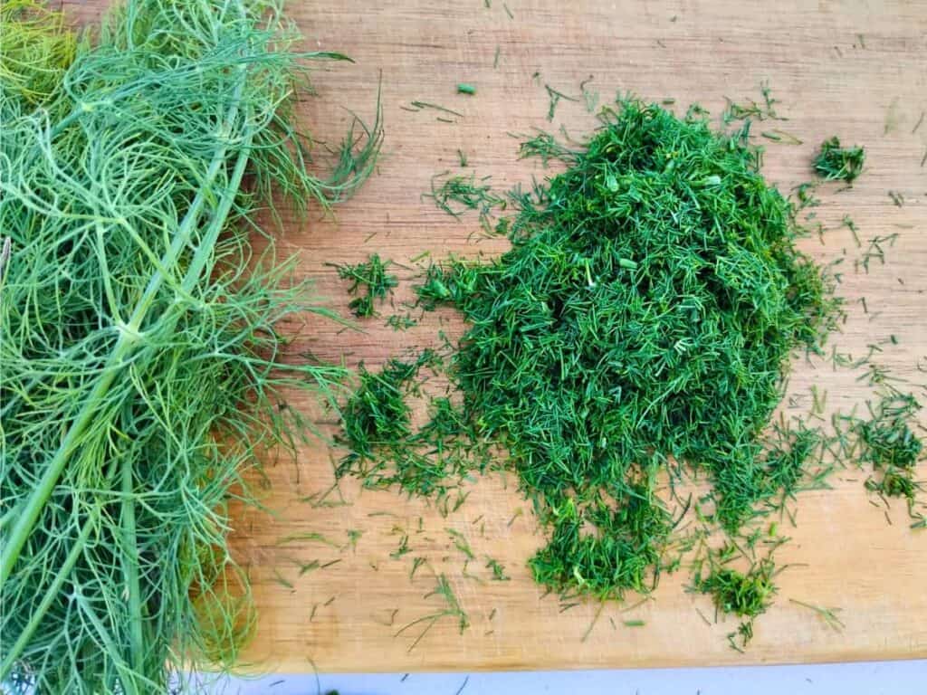 a bunch of fresh dill weed with part of it finely chopped.