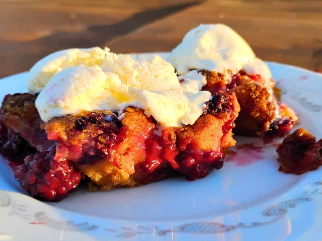 photo of a piece of blackberry cobbler on a plate with ice cream on top.