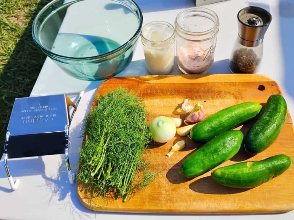 layout of ingredients for creamy cucumber salad. A mandolin slicer, a bowl, homemade sour cream, salt, pepper, cucumbers, garlic cloves, an onion and garlic. and some fresh dill.