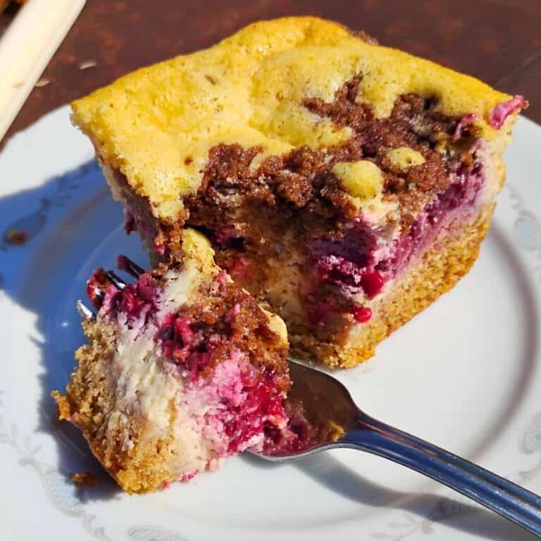 photo shows a piece of blackberry cheesecake streusel bar with a small piece removed by a fork.
