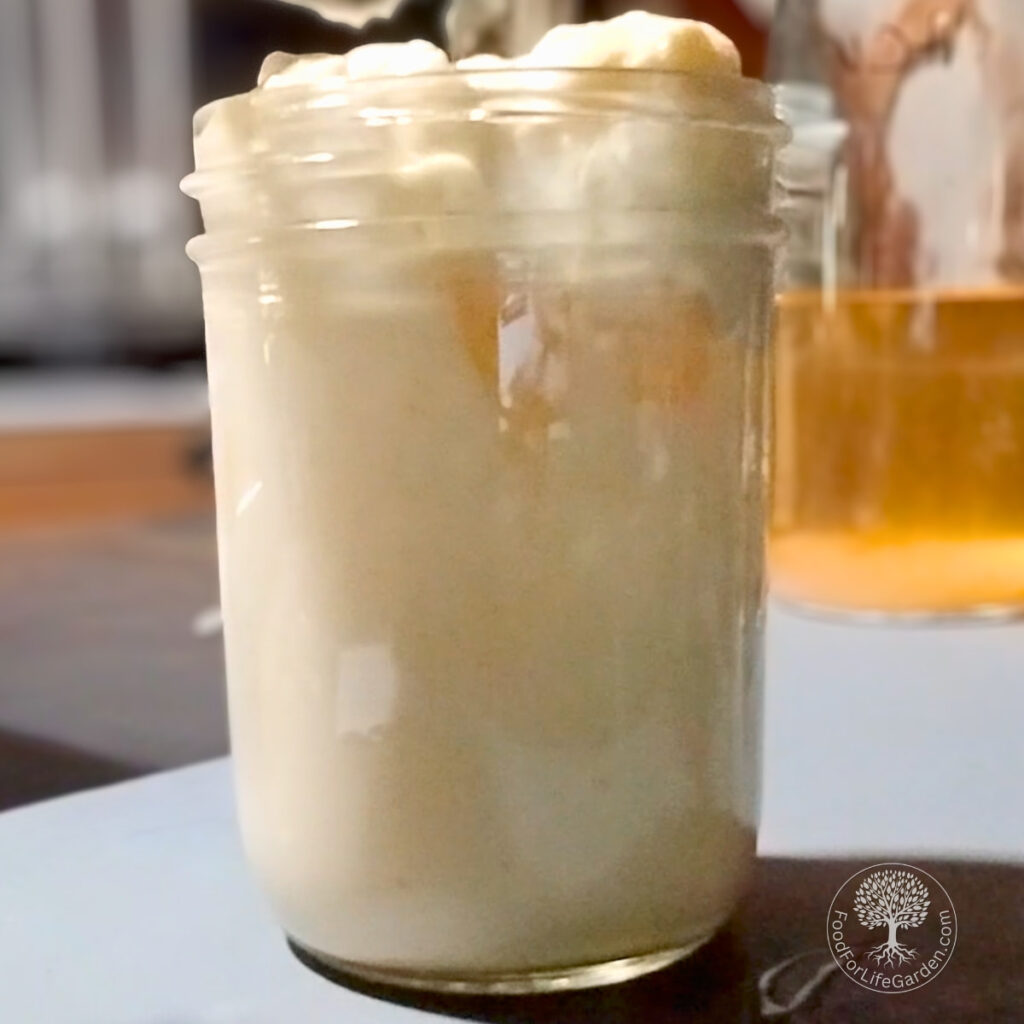 Fresh made homemade mayonnaise in a pint jar.