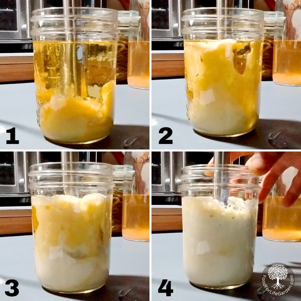 photo collage of immersion blender based mayo-making process in four steps.