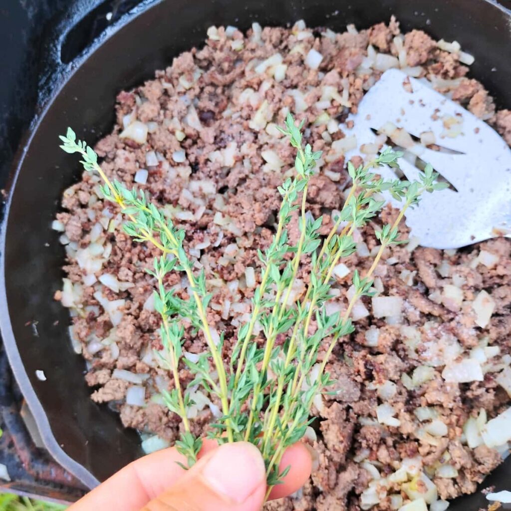 beef and onions in a frying pan and a hand holding thyme sprigs over it.