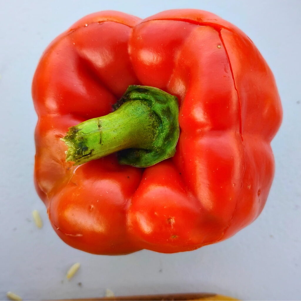 a photo of a red bell pepper that shows how to cut the pepper