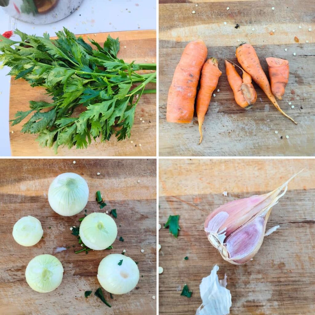 photo collage of ingredients. Celery, carrots, onions, garlic