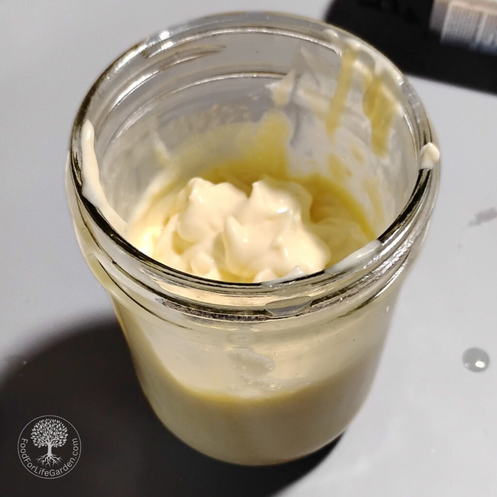 Homemade mayonnaise in a jar.