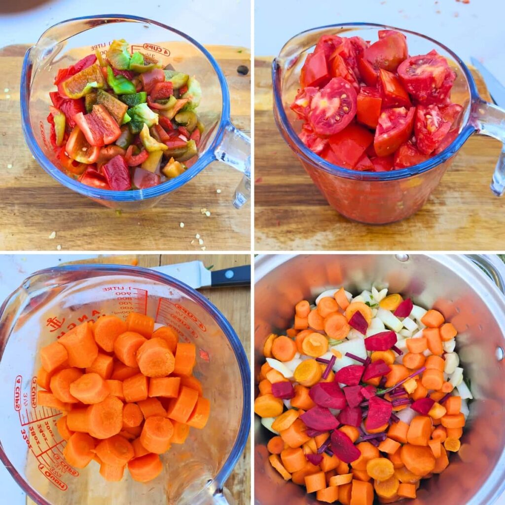 photo collage of ingredients. chopped peppers, chopped tomatoes, sliced carrots and a pot filled with chopped vegetables including beets.