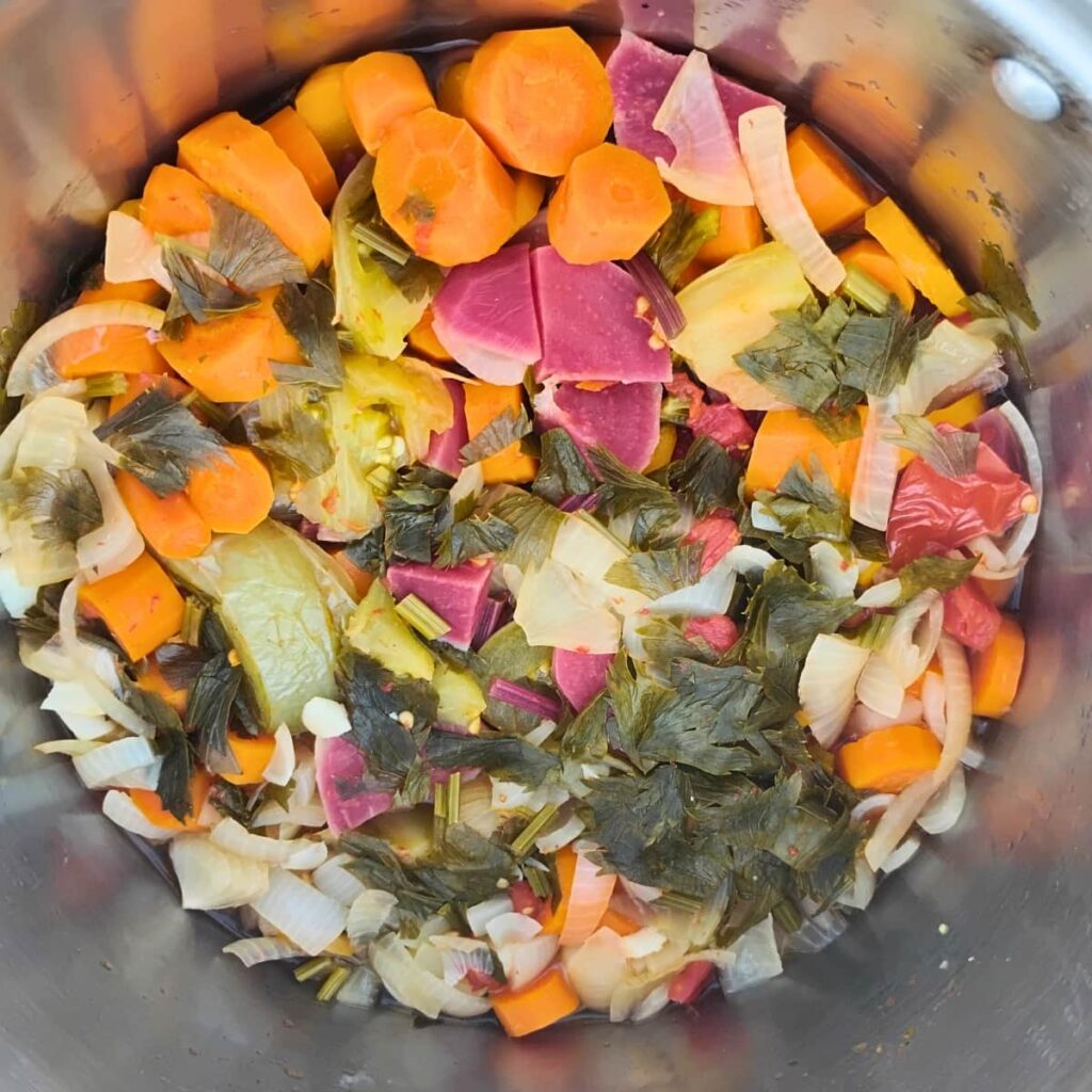 cooked vegetables, ready to blend into a sauce.