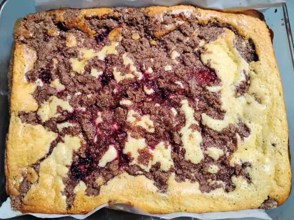 whole blackberry cheesecake with streusel topping, fresh from the oven.