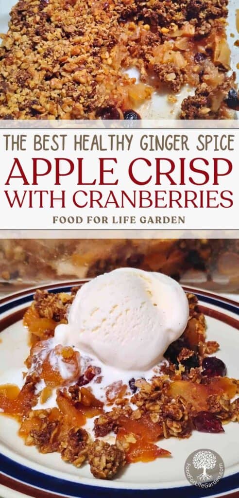 top photo shows a baking dish with filled with ginger spice healthy apple crisp with cranberries and walnut topping. below is a portion on a plate topped with a scoop of vanilla ice cream. text overlay reads the best healthy ginger spice apple crisp with cranberries. food for life garden.