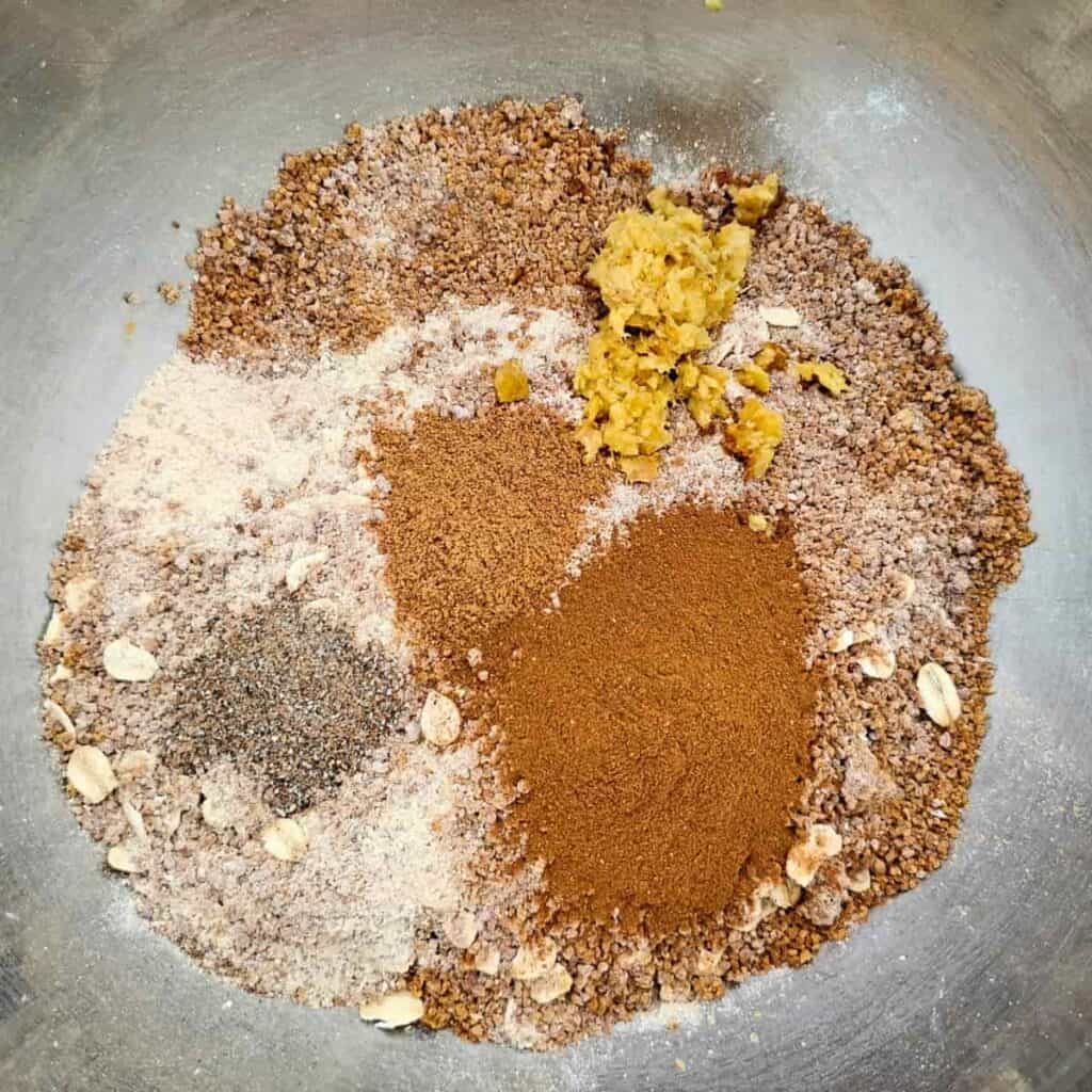 dry baking ingredients in a bowl ready to get mixed up.